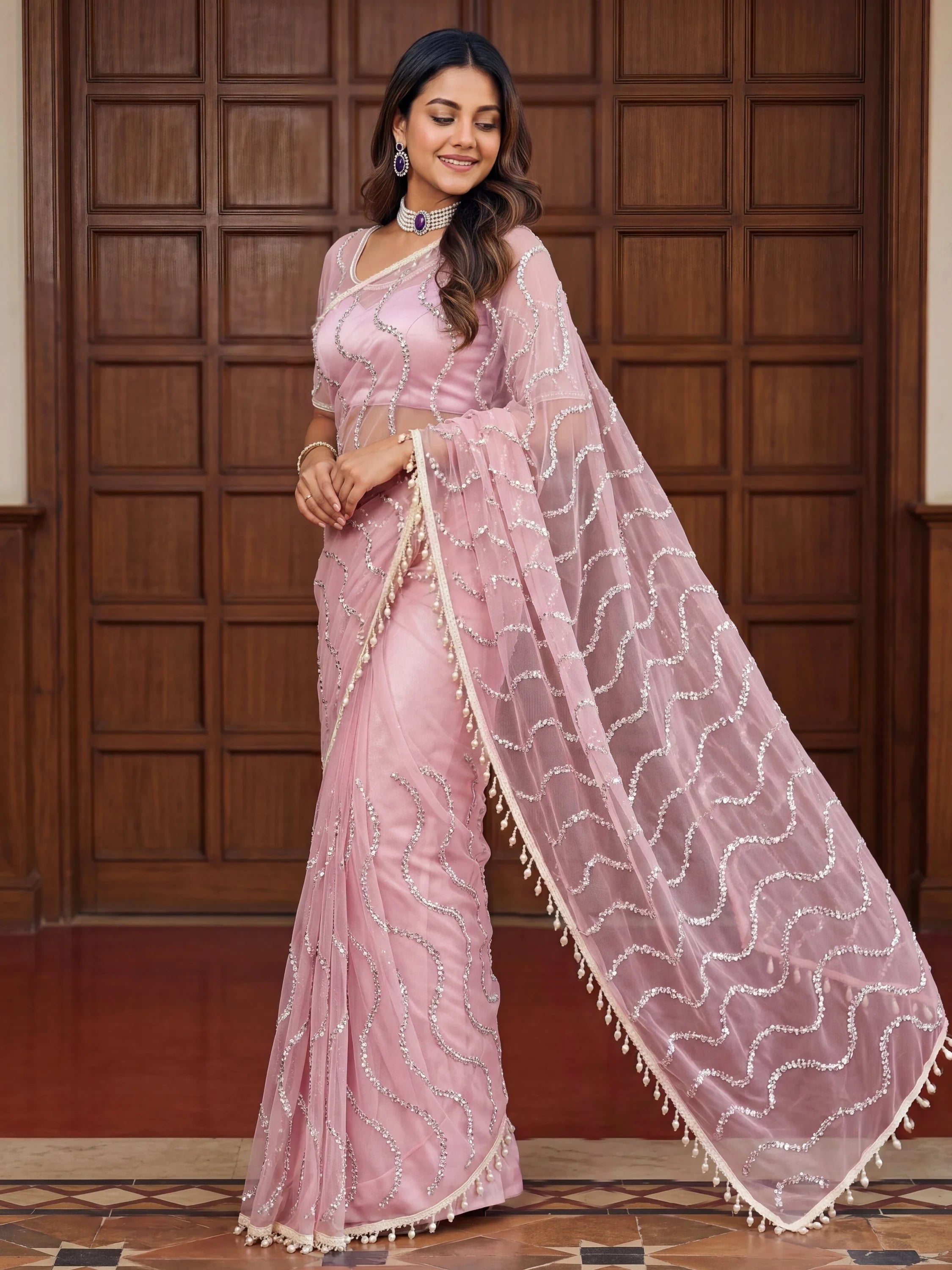 Gorgeous Pink Bead Work Net Engagement Wear Saree With Blouse