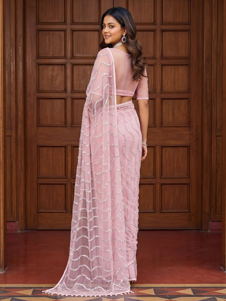 Gorgeous Pink Bead Work Net Engagement Wear Saree With Blouse