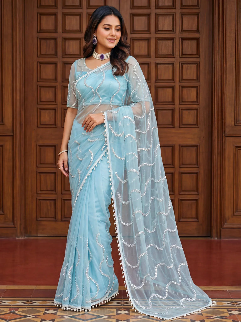 Wonderful Sky Blue Sequins Net Party Wear Saree With Blouse