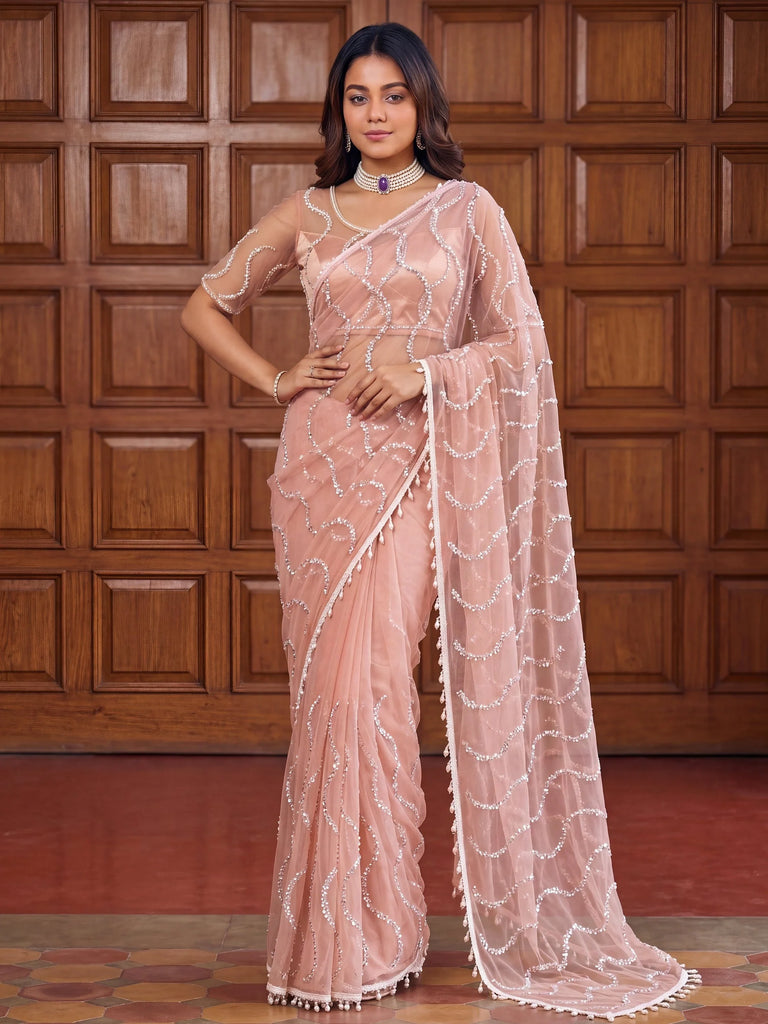 Elegant Peach Bead Embroidery Net Reception Wear Saree With Blouse