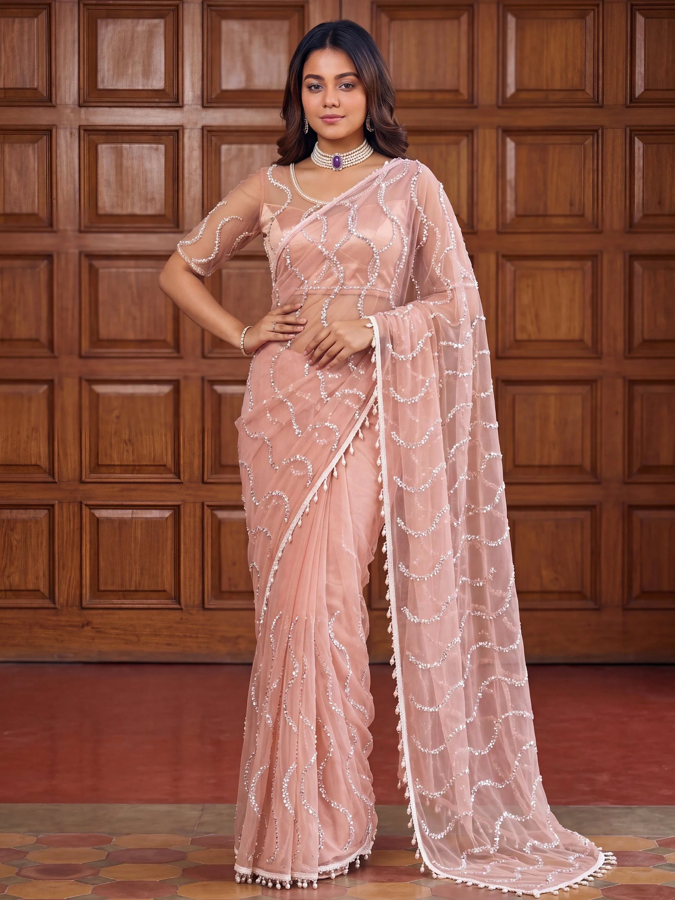Elegant Peach Bead Embroidery Net Reception Wear Saree With Blouse