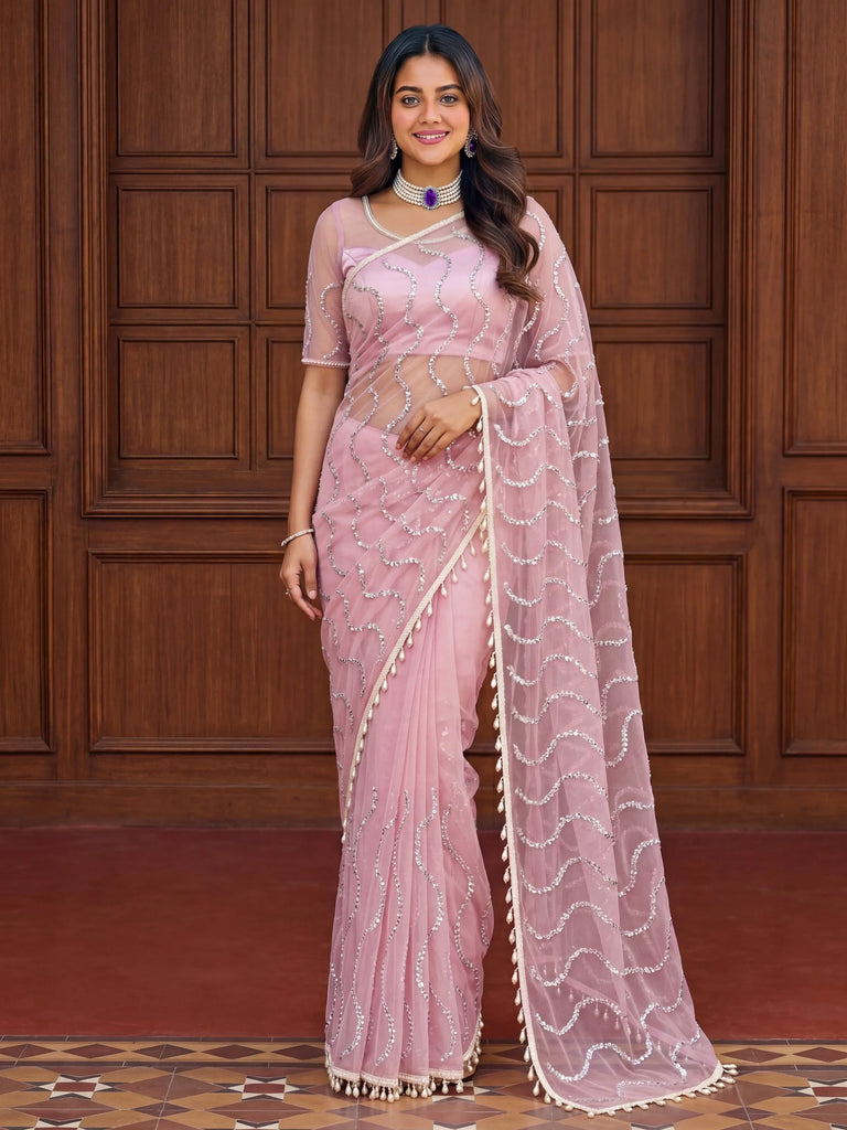 Gorgeous Pink Bead Work Net Engagement Wear Saree With Blouse