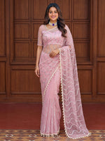 Gorgeous Pink Bead Work Net Engagement Wear Saree With Blouse