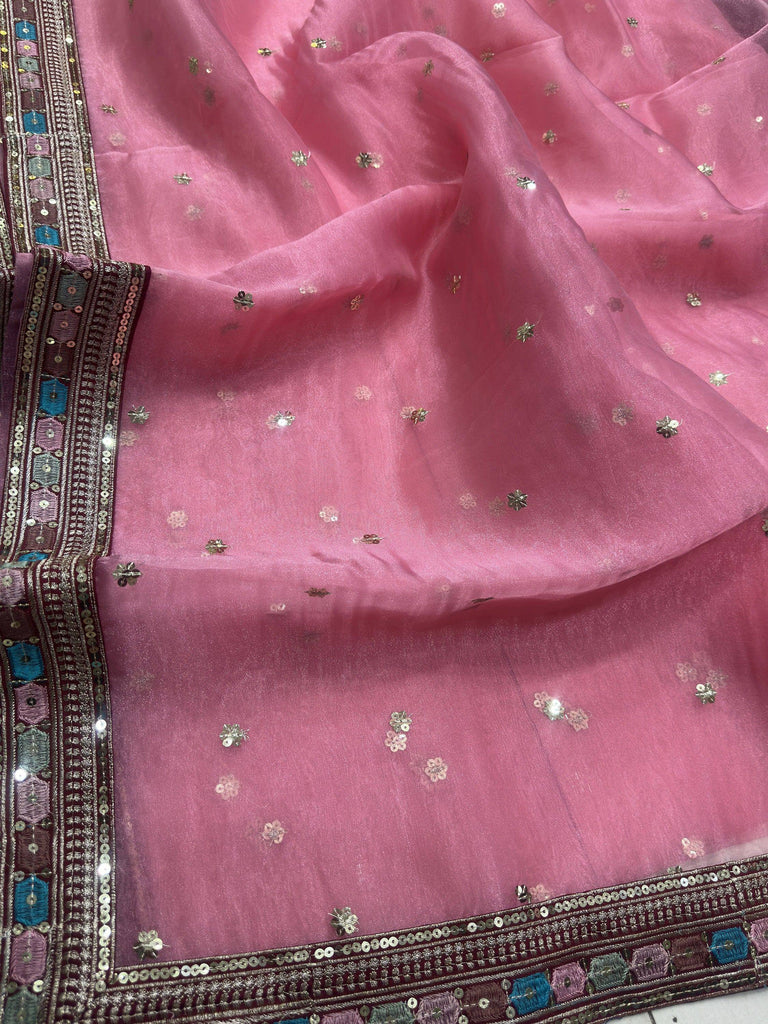 Attractive Pink Embroidery Organza Party Wear Saree With Blouse