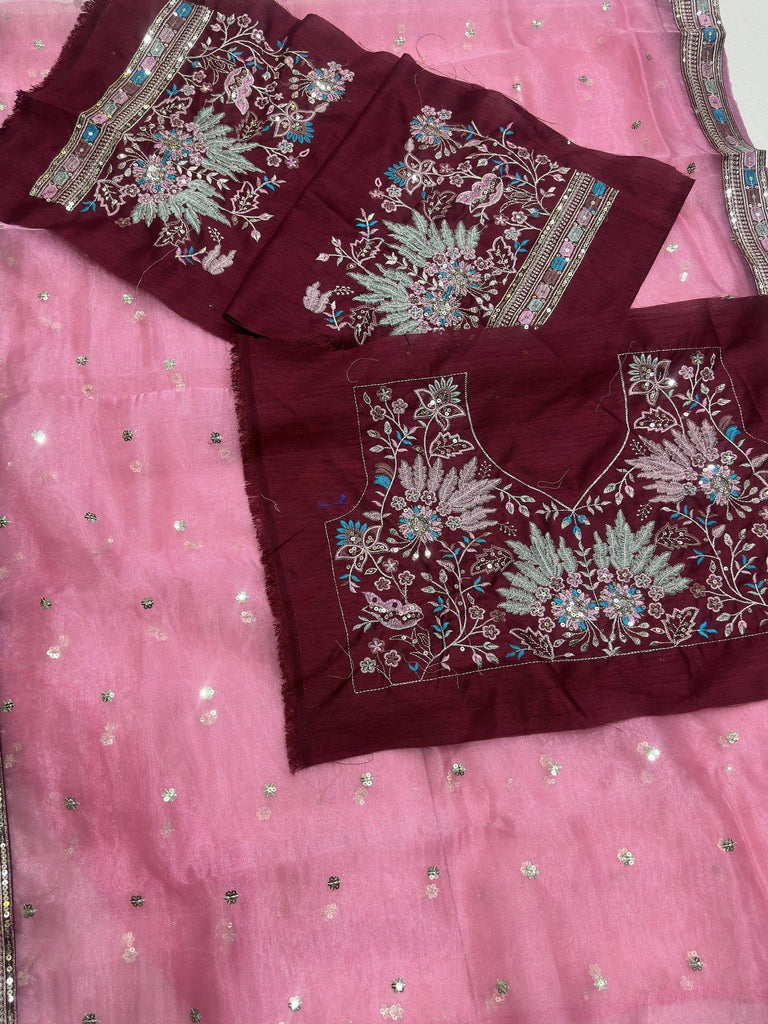 Attractive Pink Embroidery Organza Party Wear Saree With Blouse