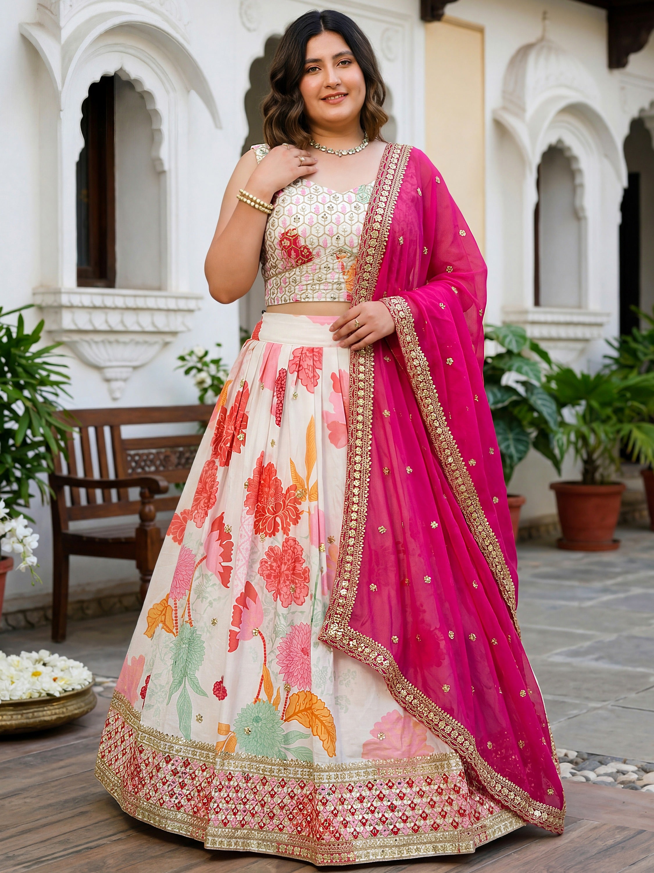 Alluring Off-White Embroidered Silk Bridesmaid Plus Size Lehenga Choli