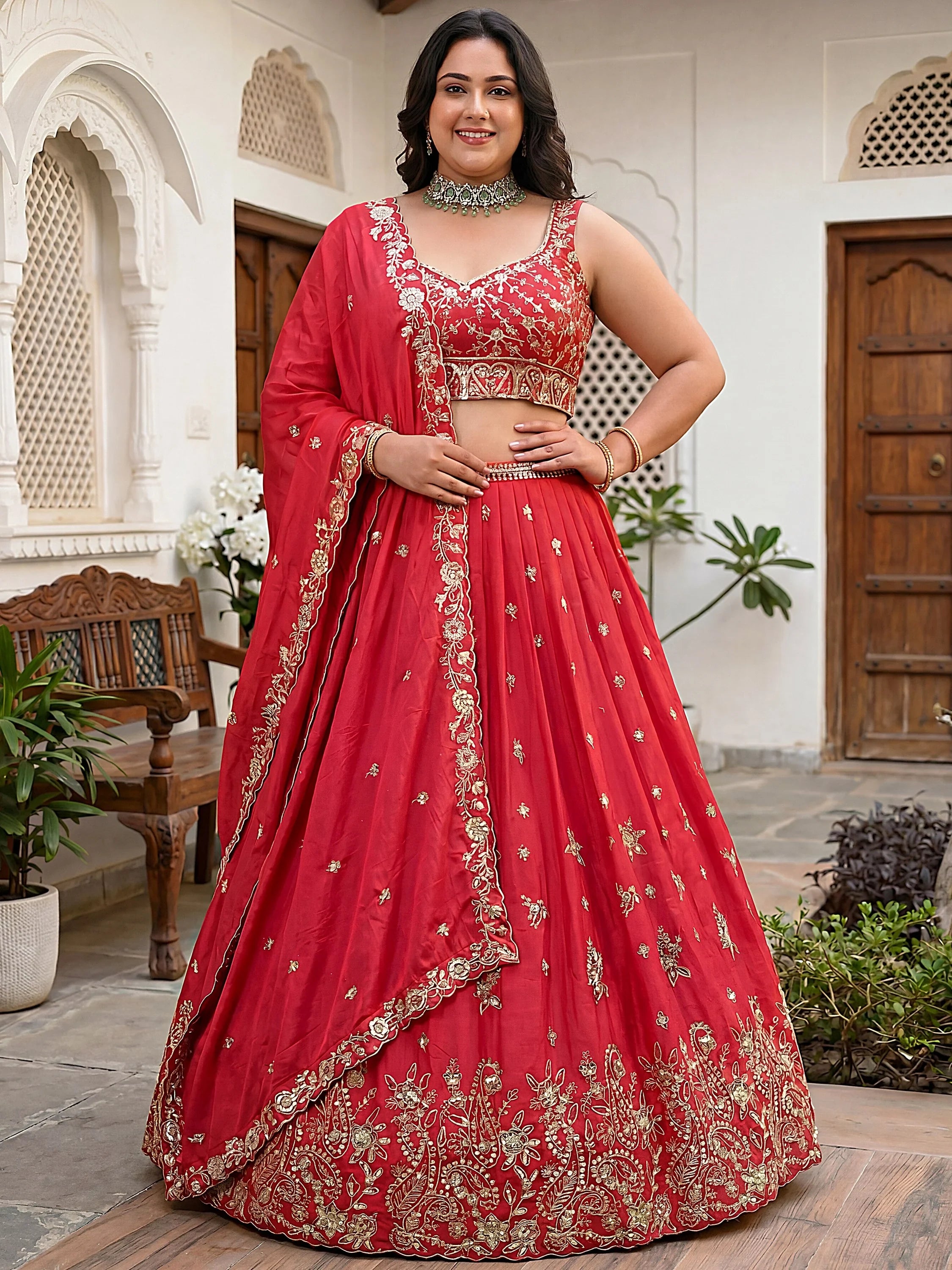 Adorable Red Embroidered Chinon Engagement Wear Plus Size Lehenga Choli