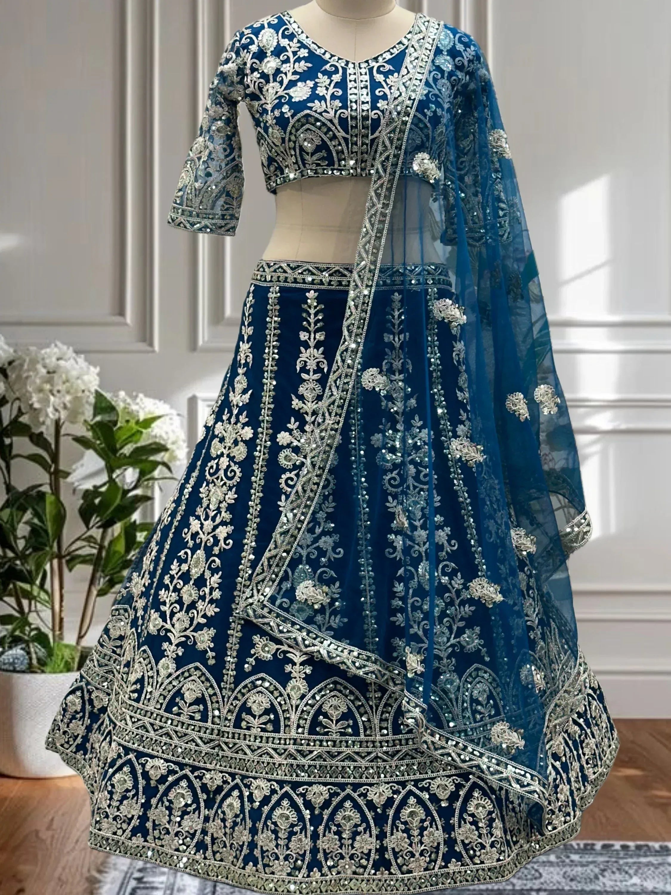 Wonderful Blue Embroidered Net Reception Wear Plus Size Lehenga Choli