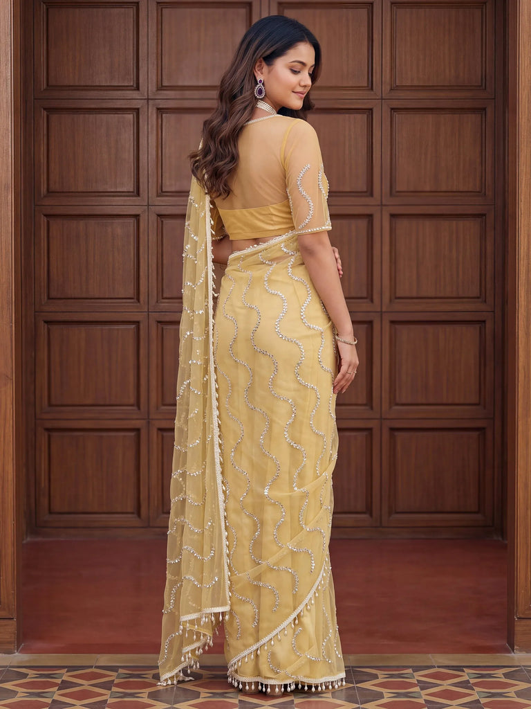 Timeless Yellow Bead Embroidery Net Event Wear Saree With Blouse