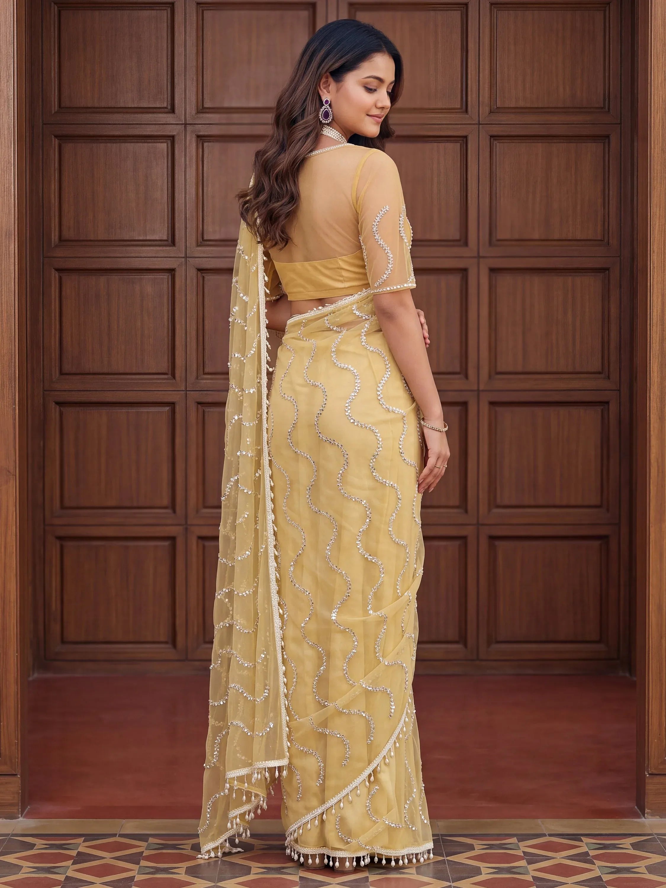 Timeless Yellow Bead Embroidery Net Event Wear Saree With Blouse