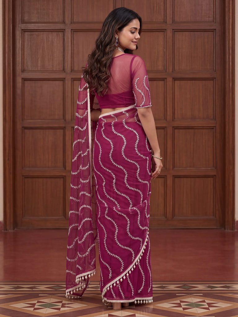 Attractive Rani Pink Bead Work Net Reception Wear Saree With Blouse