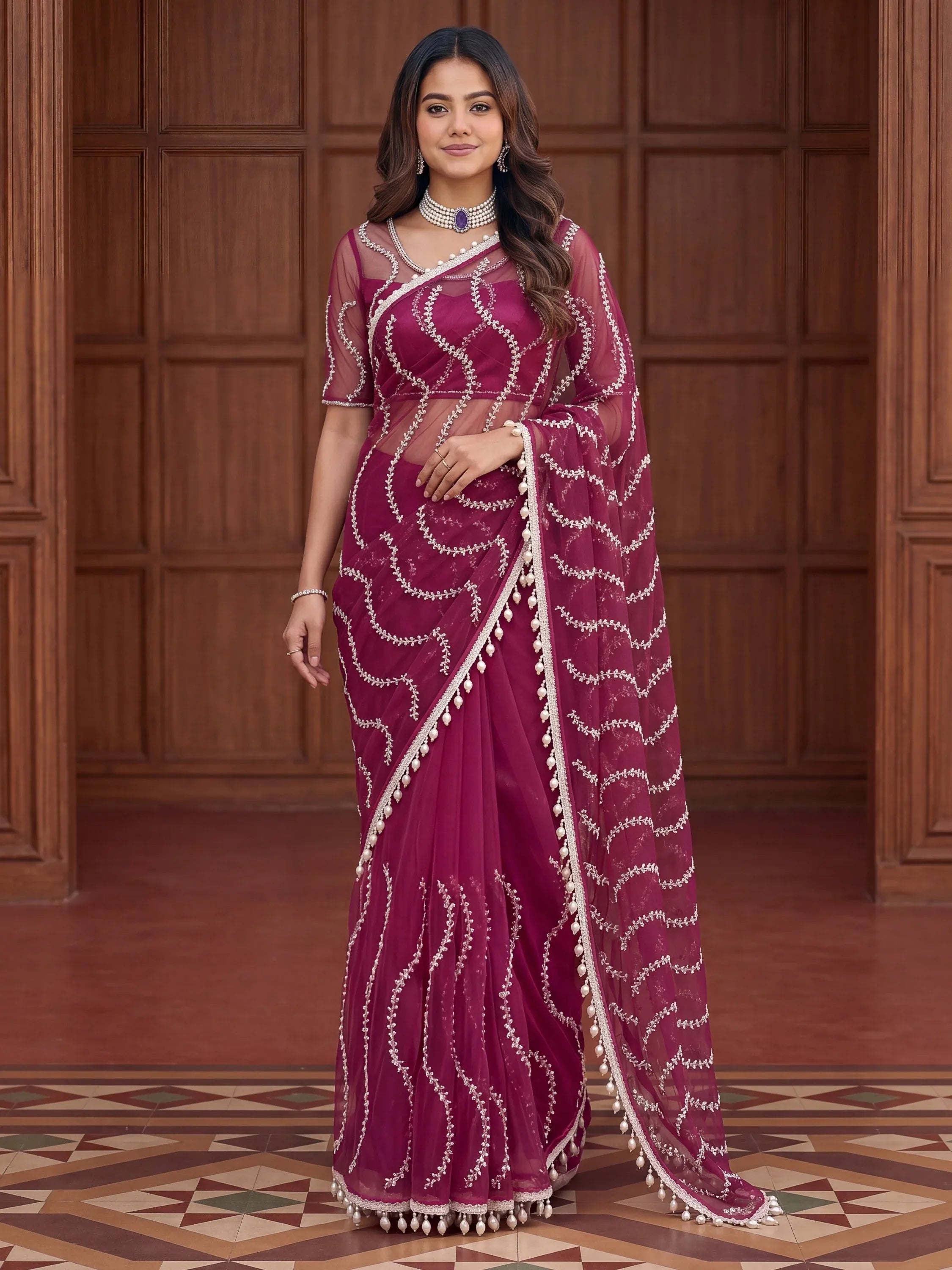 Attractive Rani Pink Bead Work Net Reception Wear Saree With Blouse