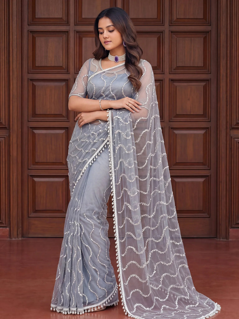 Magnetic Grey Sequins Net Engagement Wear Saree With Blouse