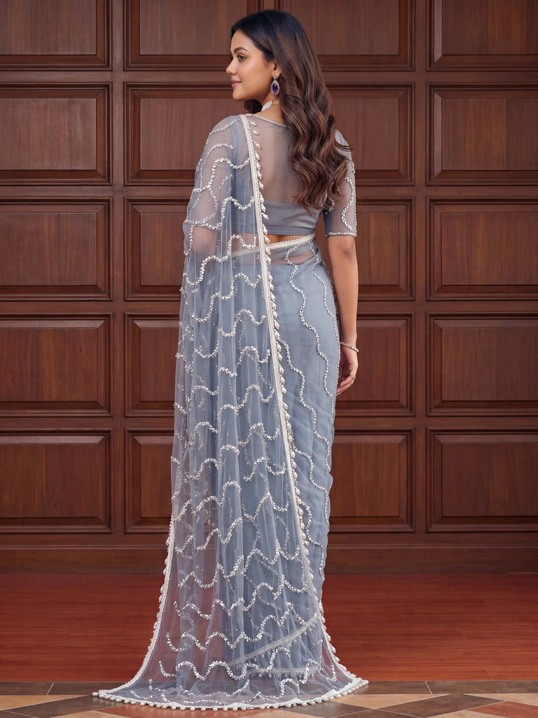 Magnetic Grey Sequins Net Engagement Wear Saree With Blouse