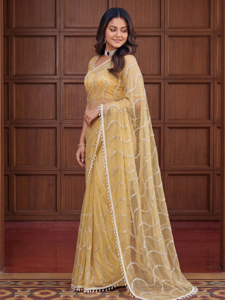 Timeless Yellow Bead Embroidery Net Event Wear Saree With Blouse