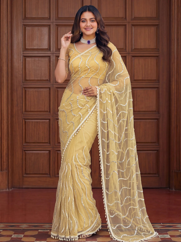 Timeless Yellow Bead Embroidery Net Event Wear Saree With Blouse