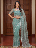 Classic Sky Blue Pearl Work Net Designer Saree With Blouse