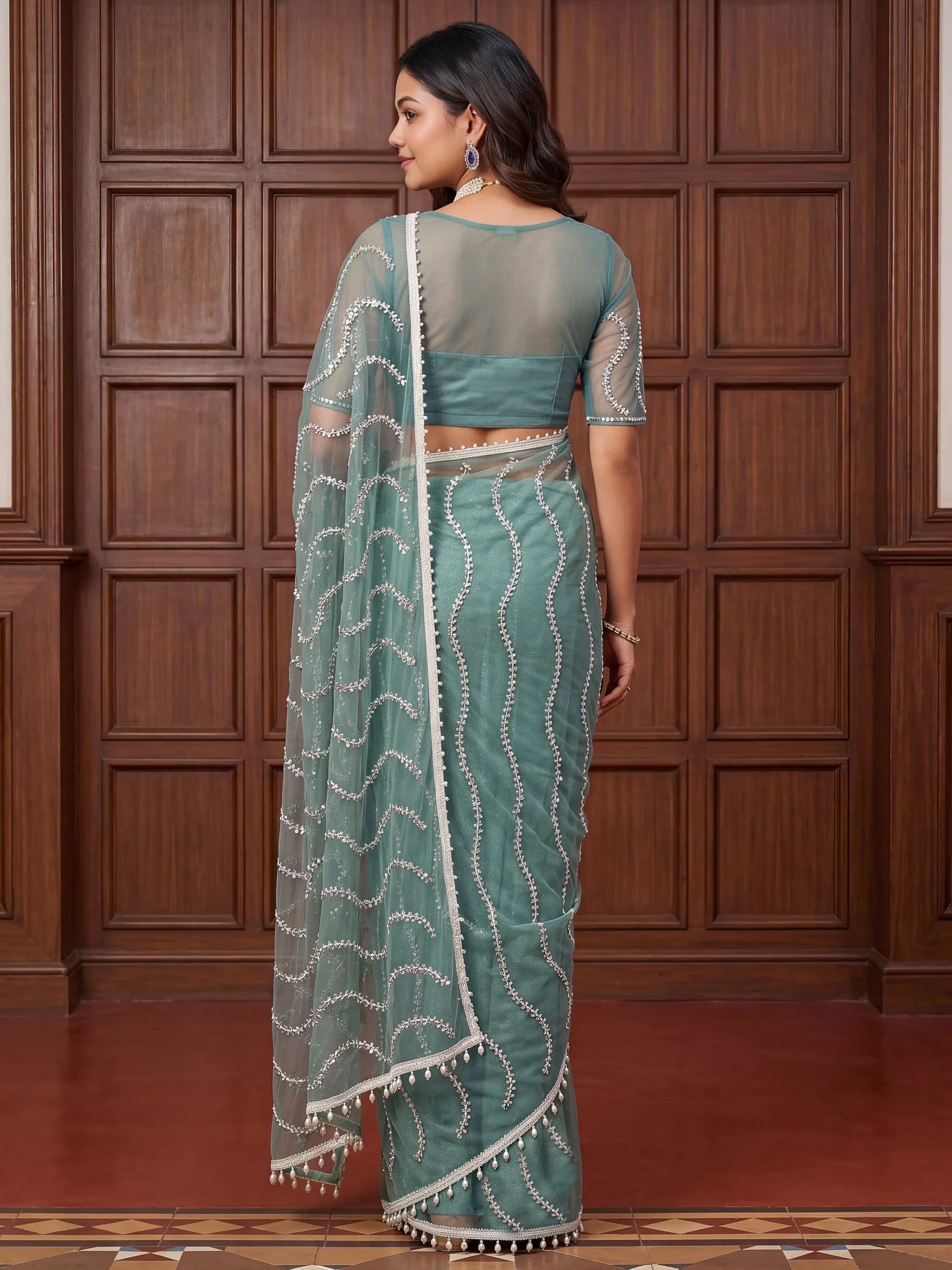 Classic Sky Blue Pearl Work Net Designer Saree With Blouse