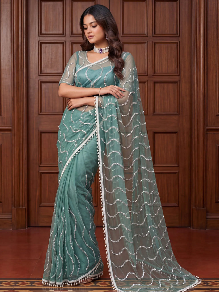 Classic Sky Blue Pearl Work Net Designer Saree With Blouse
