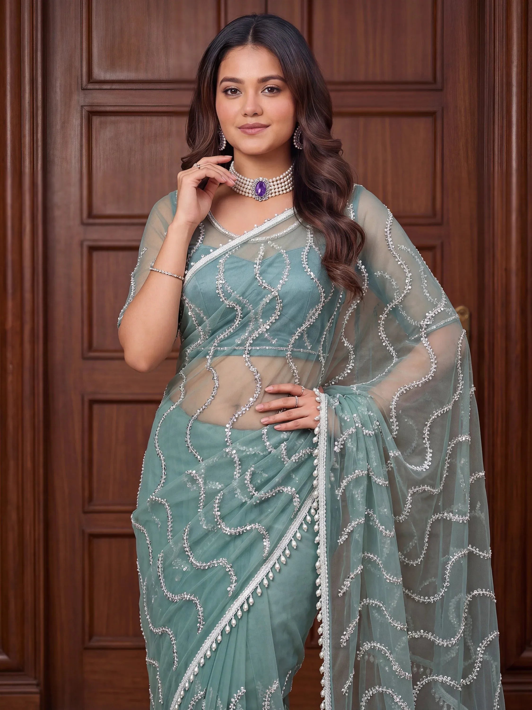 Classic Sky Blue Pearl Work Net Designer Saree With Blouse