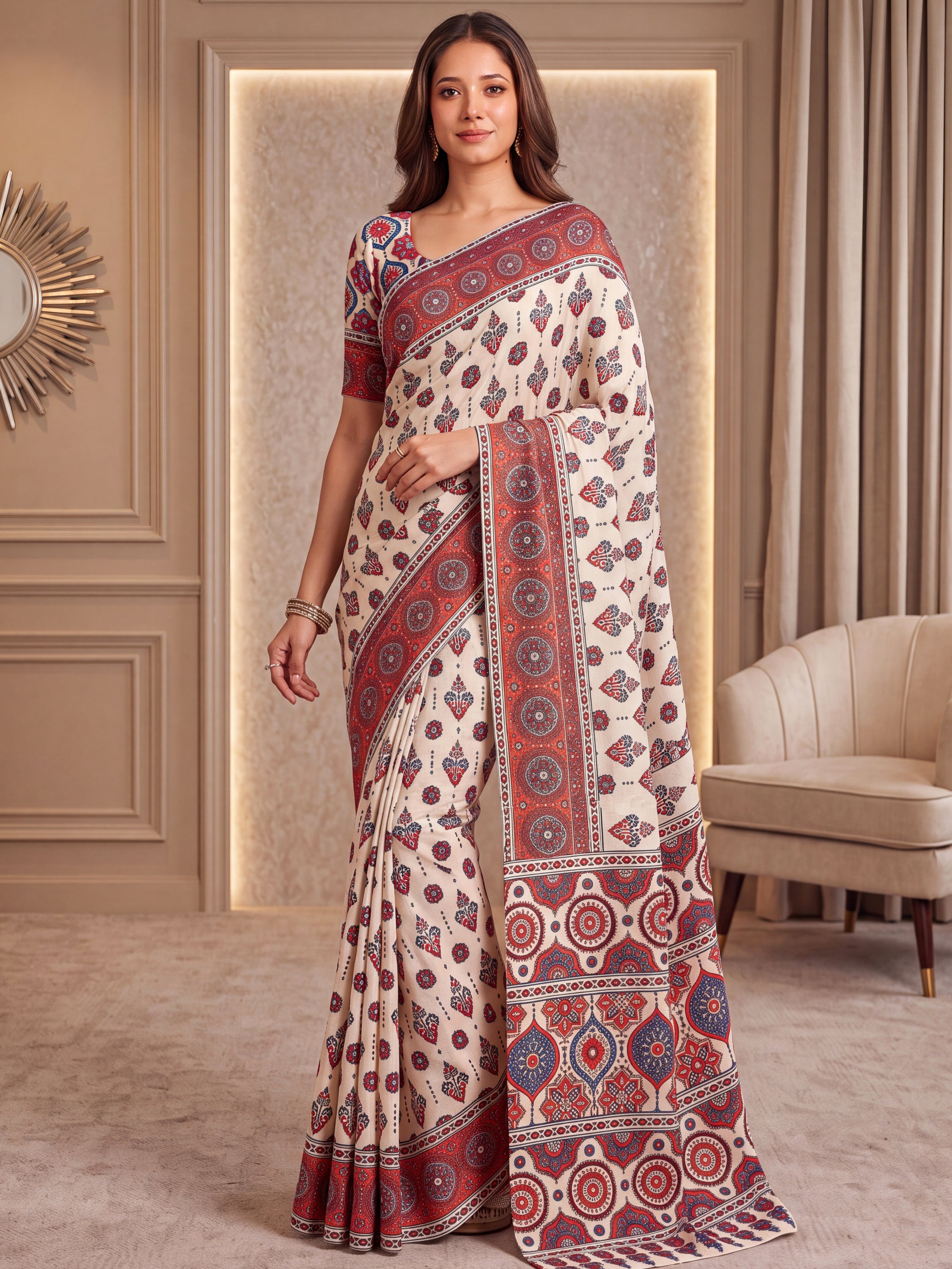 Wondrous White Ajarak Printed Crepe Festive Wear Saree With Blouse