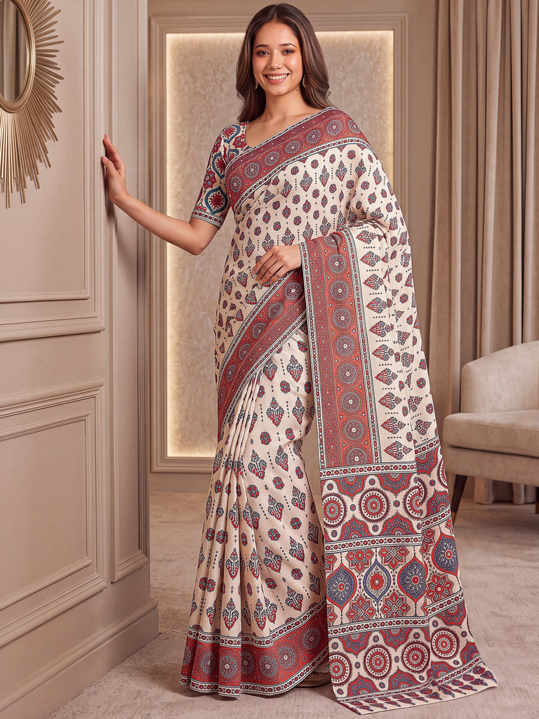 Wondrous White Ajarak Printed Crepe Festive Wear Saree With Blouse