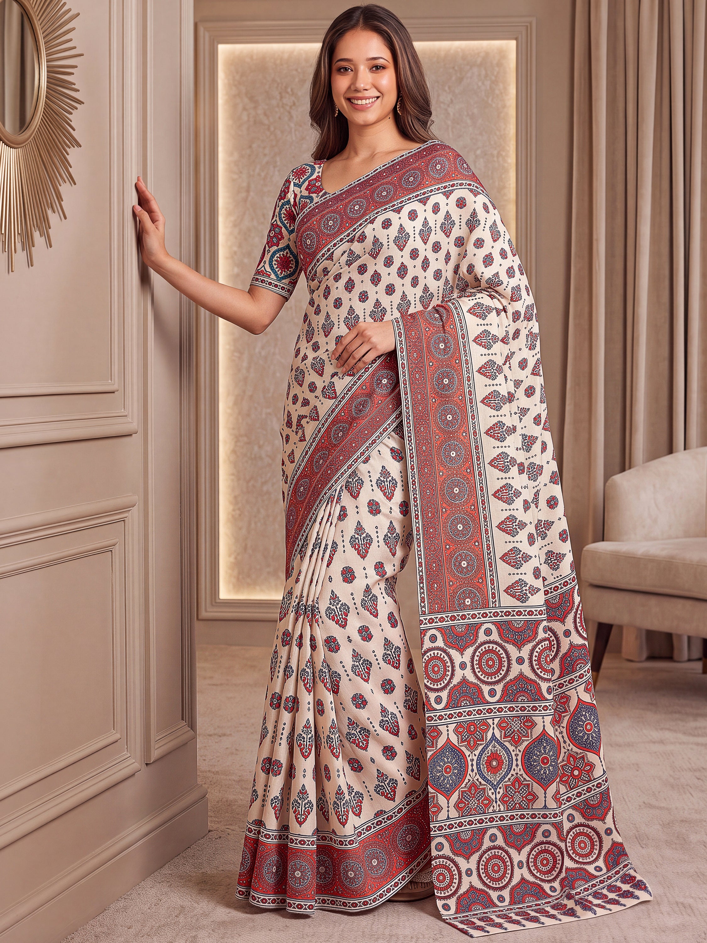 Wondrous White Ajarak Printed Crepe Festive Wear Saree With Blouse