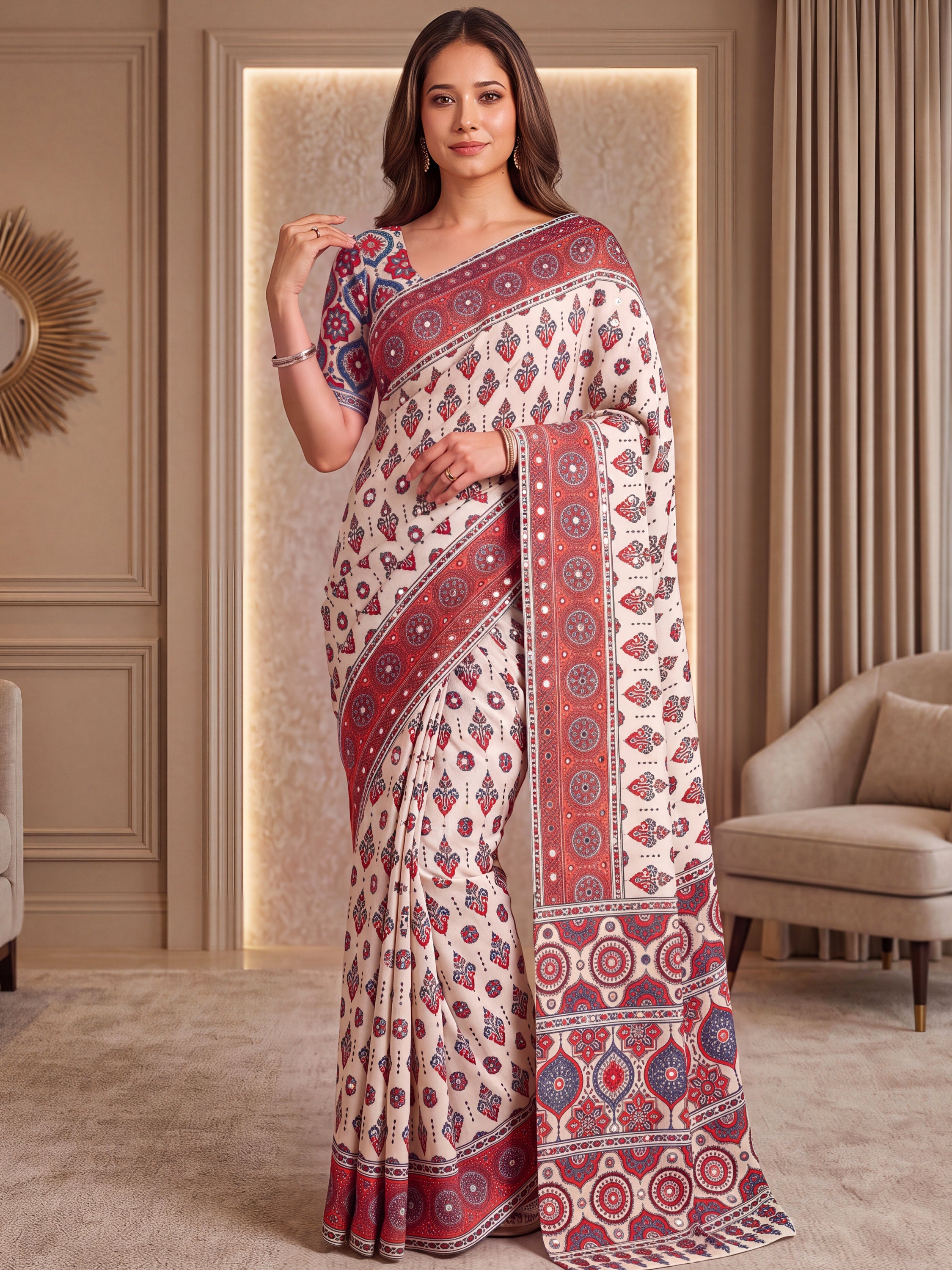 Wondrous White Ajarak Printed Crepe Festive Wear Saree With Blouse