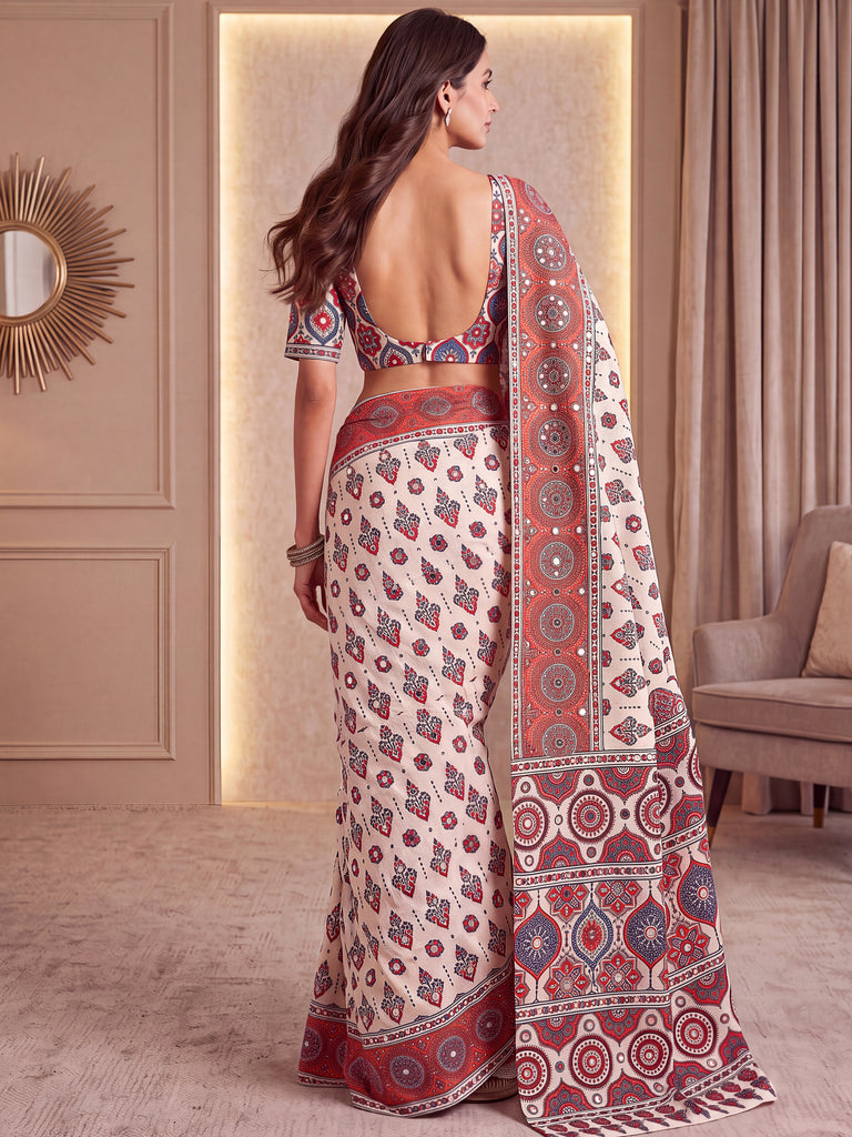 Wondrous White Ajarak Printed Crepe Festive Wear Saree With Blouse