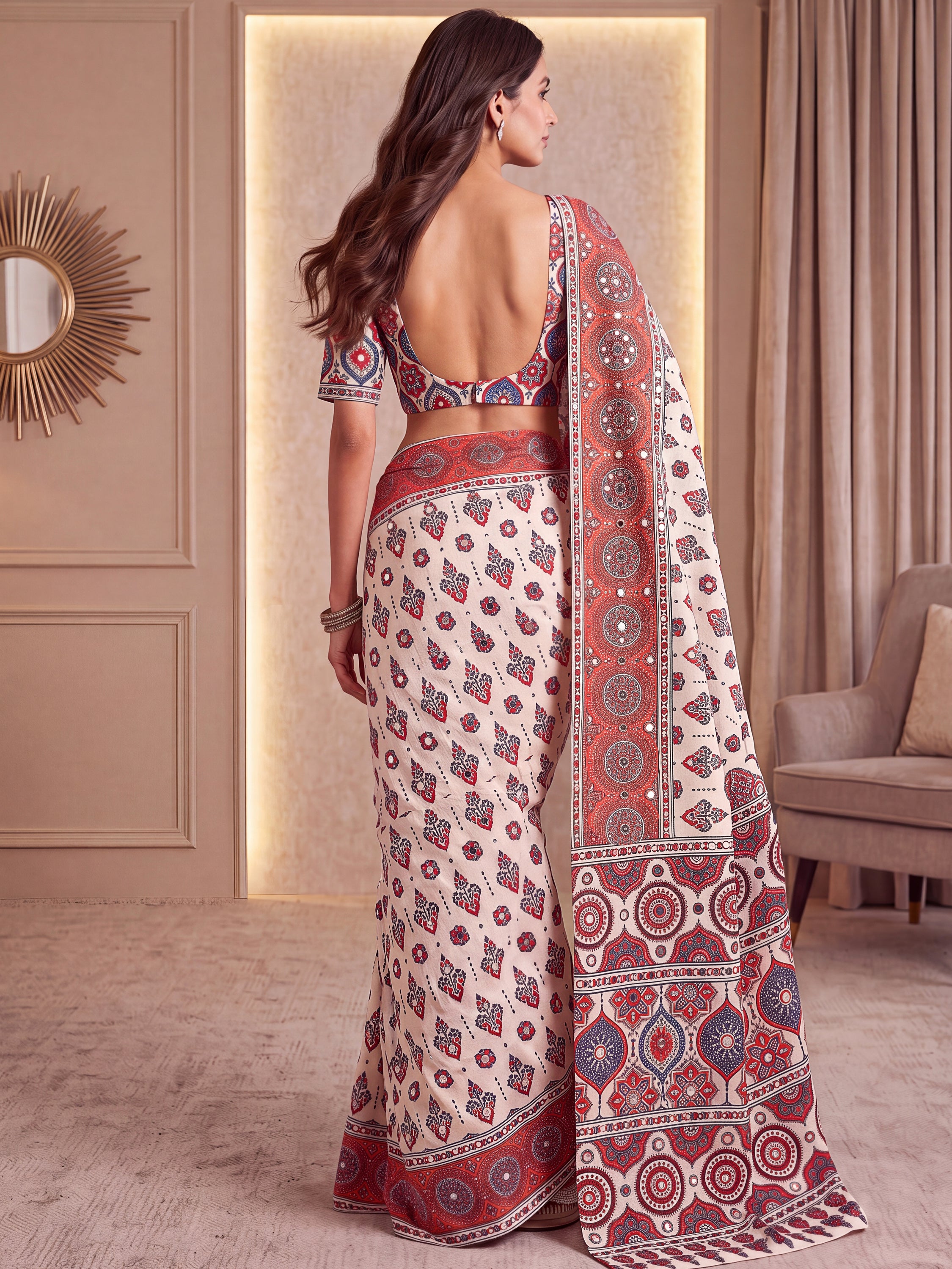 Wondrous White Ajarak Printed Crepe Festive Wear Saree With Blouse