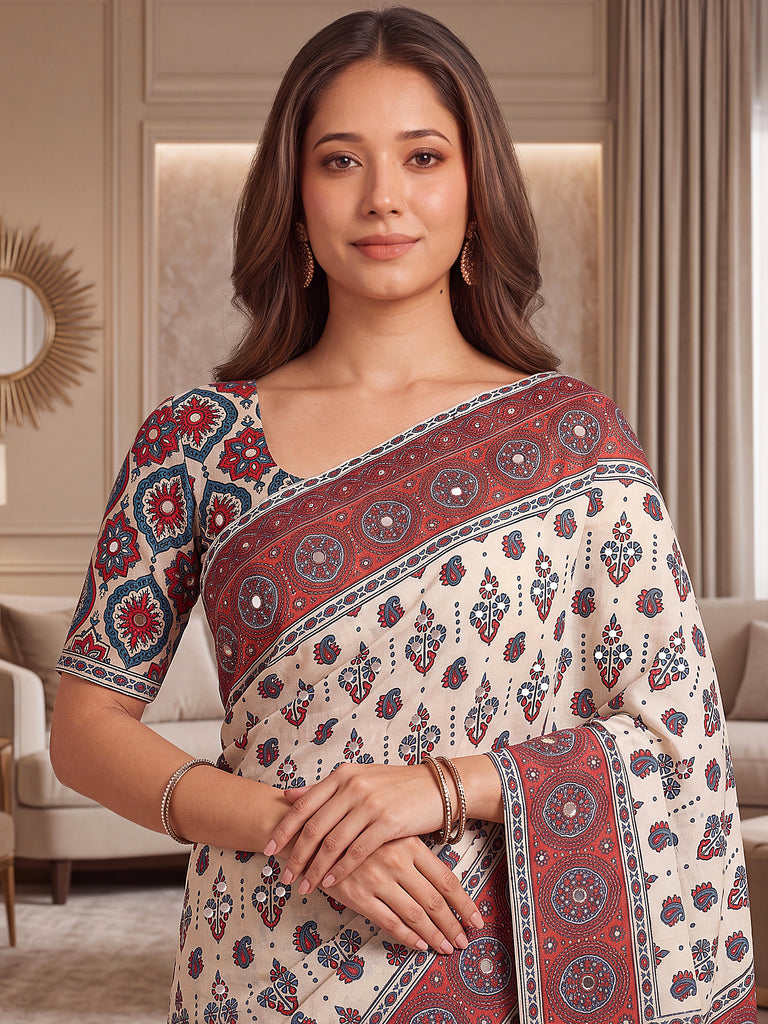 Wondrous White Ajarak Printed Crepe Festive Wear Saree With Blouse