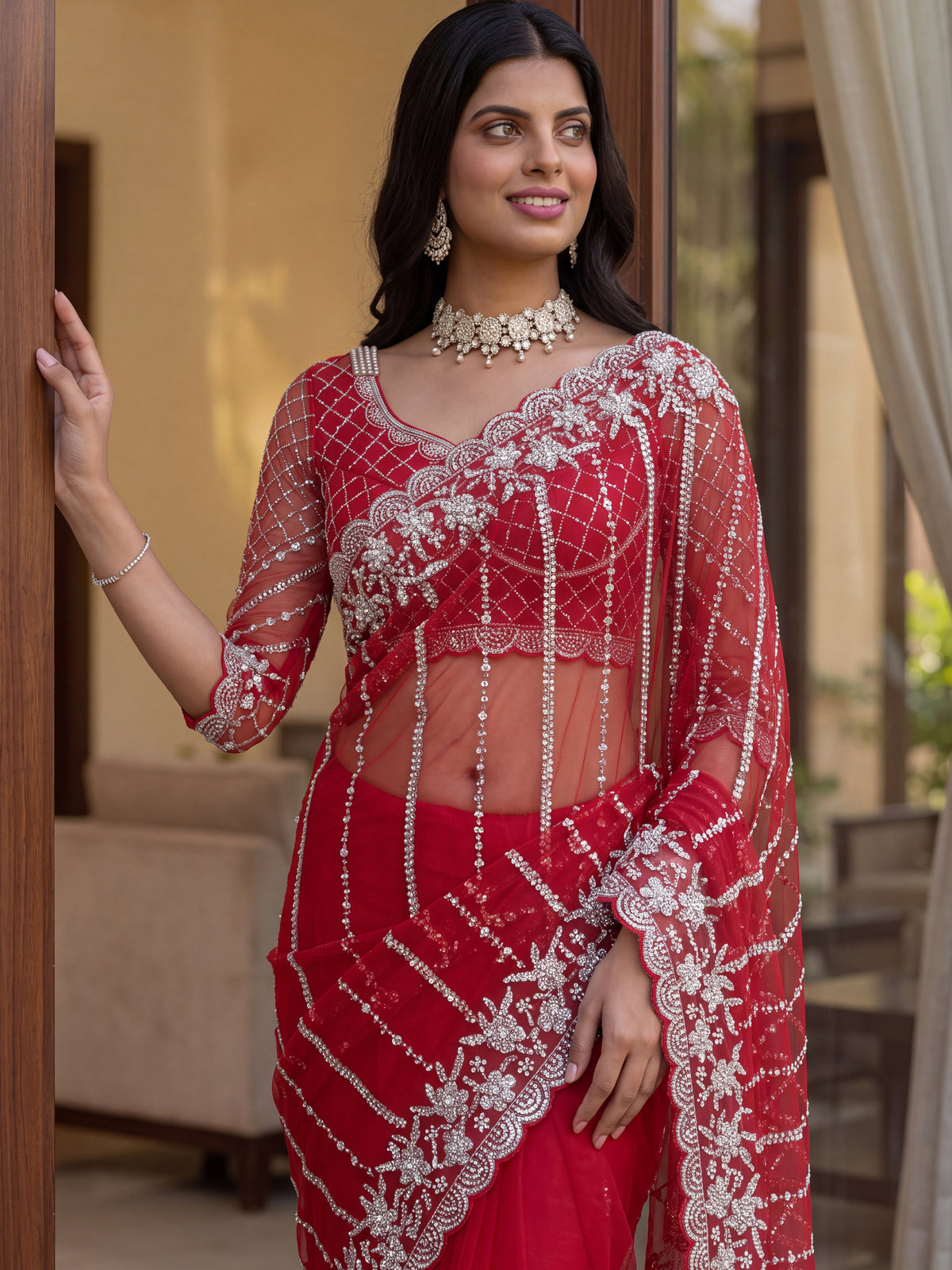 Noteworthy Red Bead Work Net Bridal Saree With Blouse