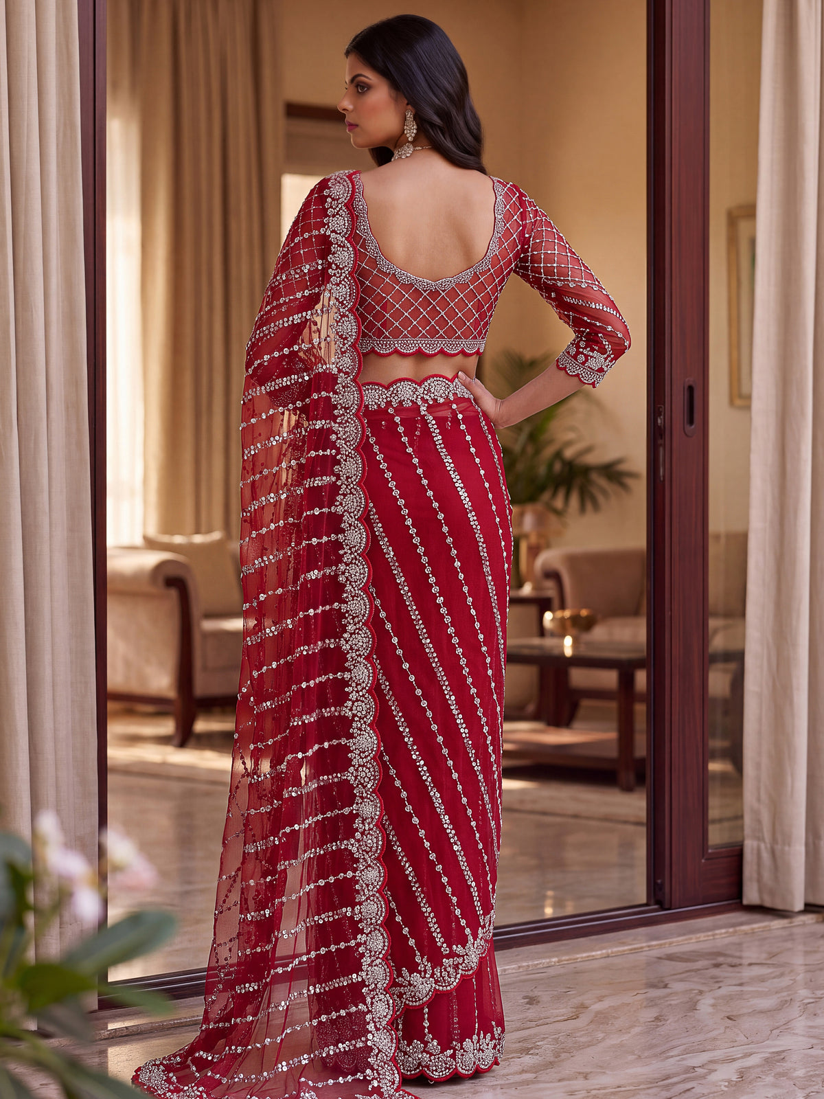 Noteworthy Red Bead Work Net Bridal Saree With Blouse