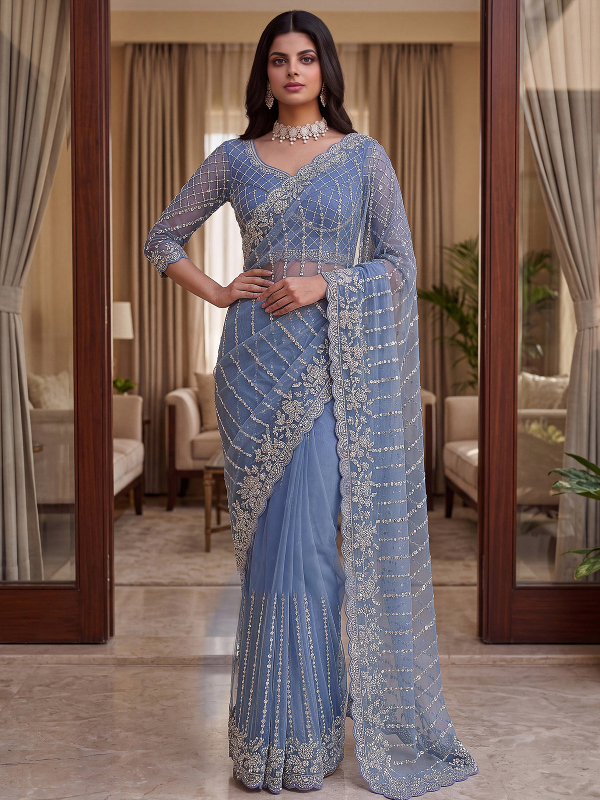 Charming Lavender Bead Work Net Reception Wear Saree With Blouse