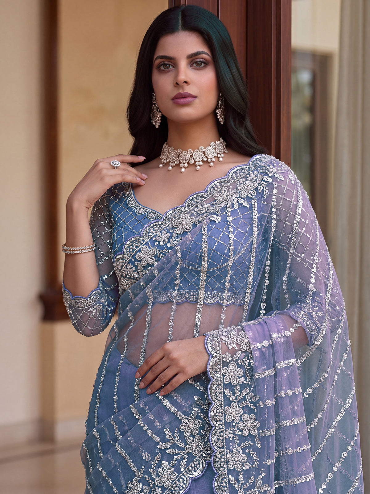 Charming Lavender Bead Work Net Reception Wear Saree With Blouse
