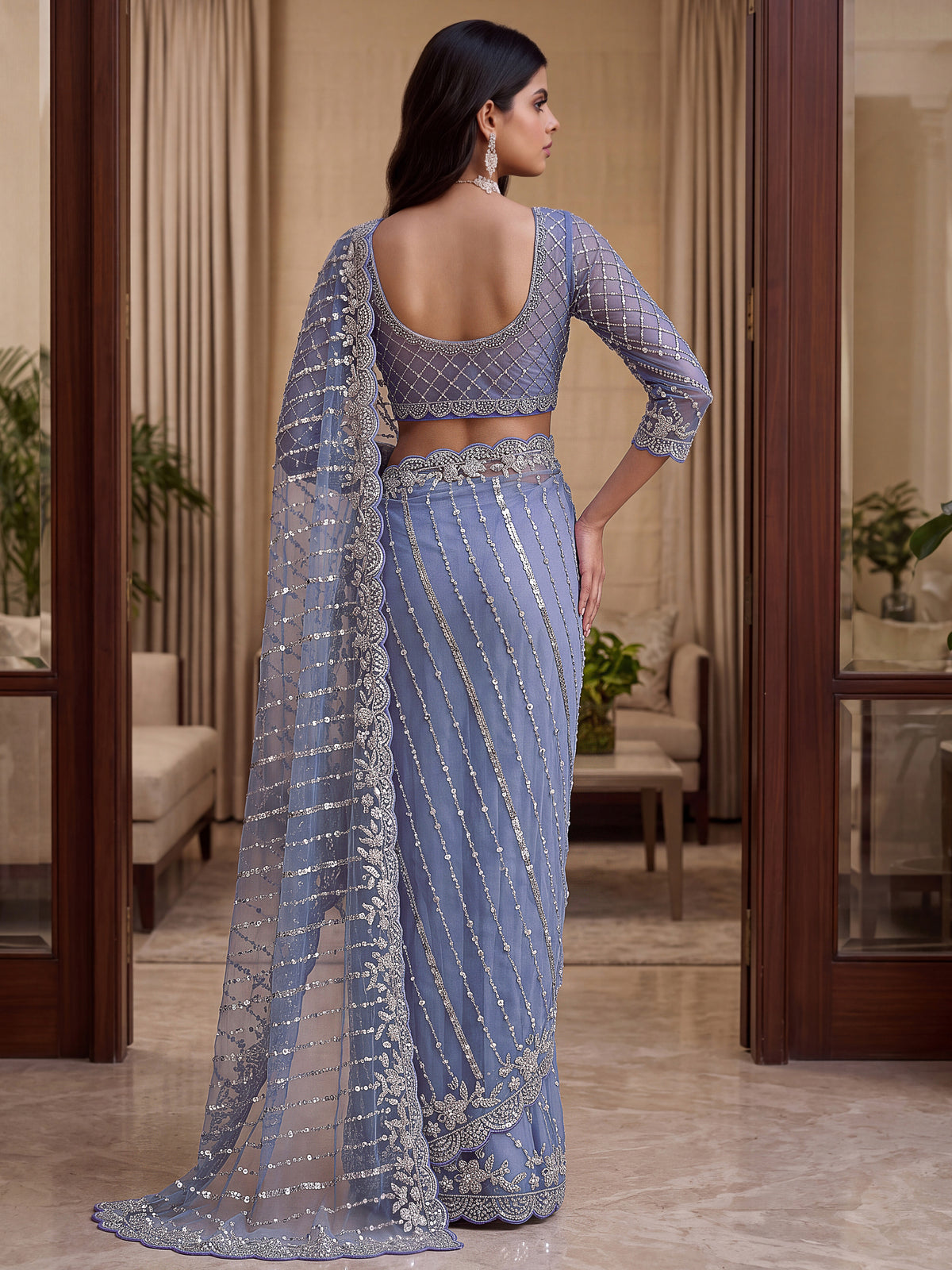 Charming Lavender Bead Work Net Reception Wear Saree With Blouse