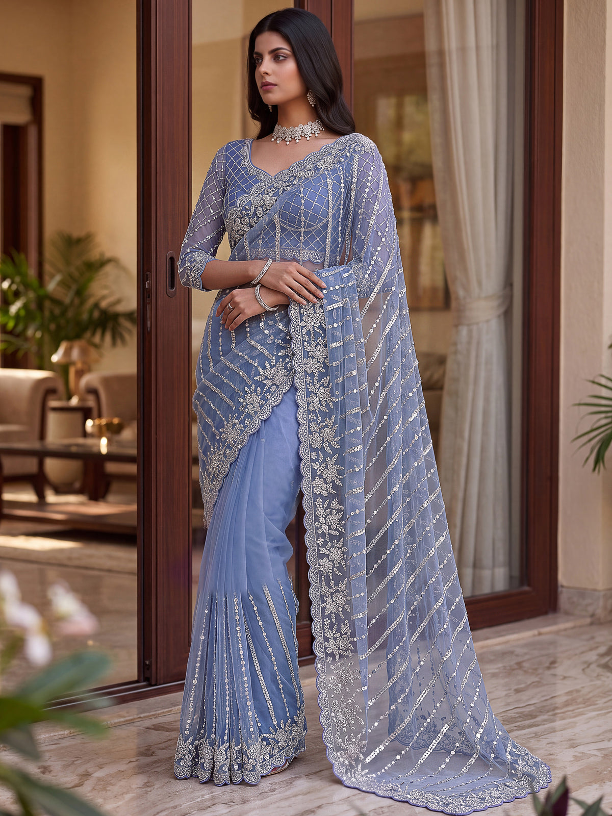 Charming Lavender Bead Work Net Reception Wear Saree With Blouse