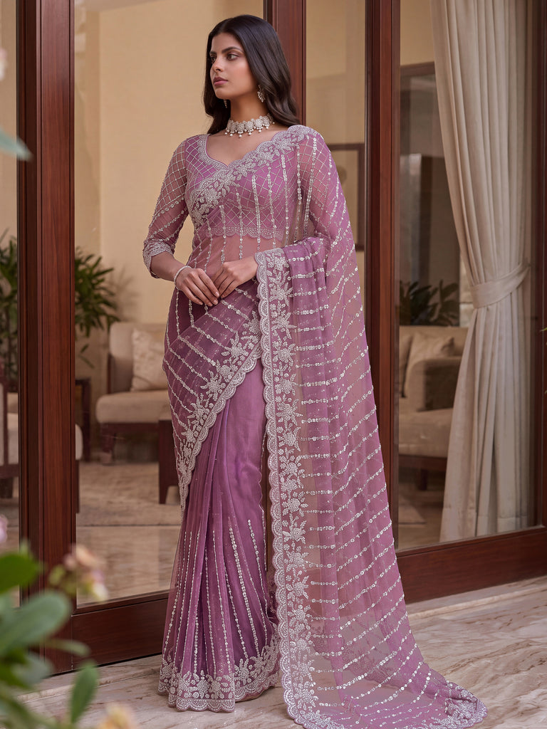 Fantastic Mauve Pearl Work Net Engagement Wear Saree With Blouse