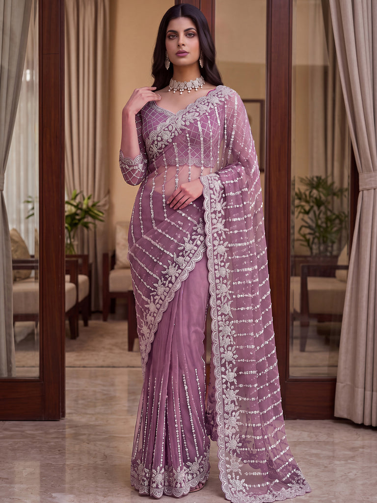 Fantastic Mauve Pearl Work Net Engagement Wear Saree With Blouse