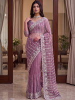 Fantastic Mauve Pearl Work Net Engagement Wear Saree With Blouse