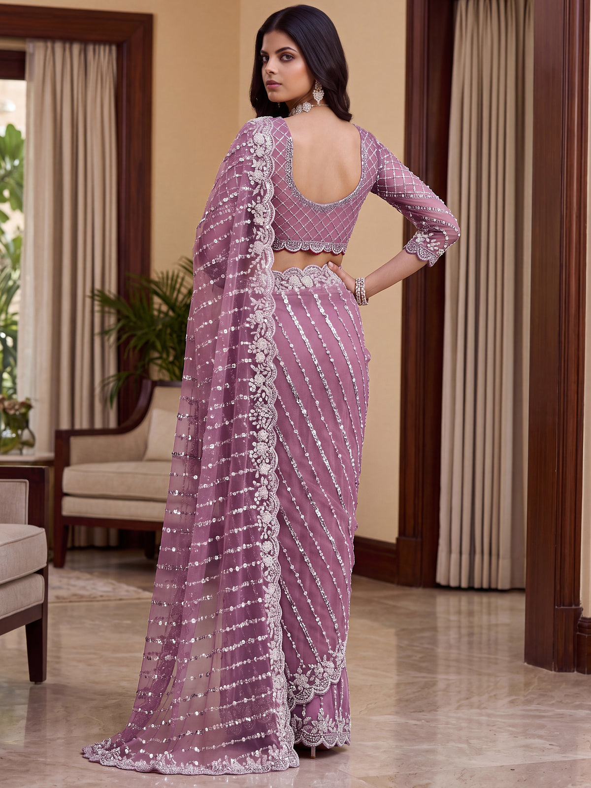 Fantastic Mauve Pearl Work Net Engagement Wear Saree With Blouse