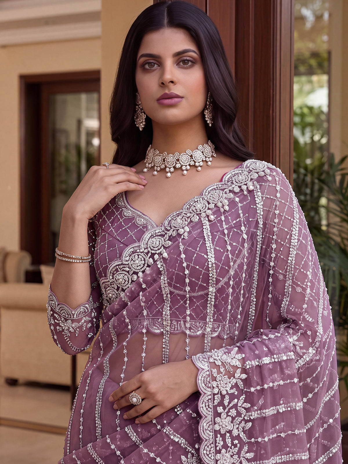 Fantastic Mauve Pearl Work Net Engagement Wear Saree With Blouse