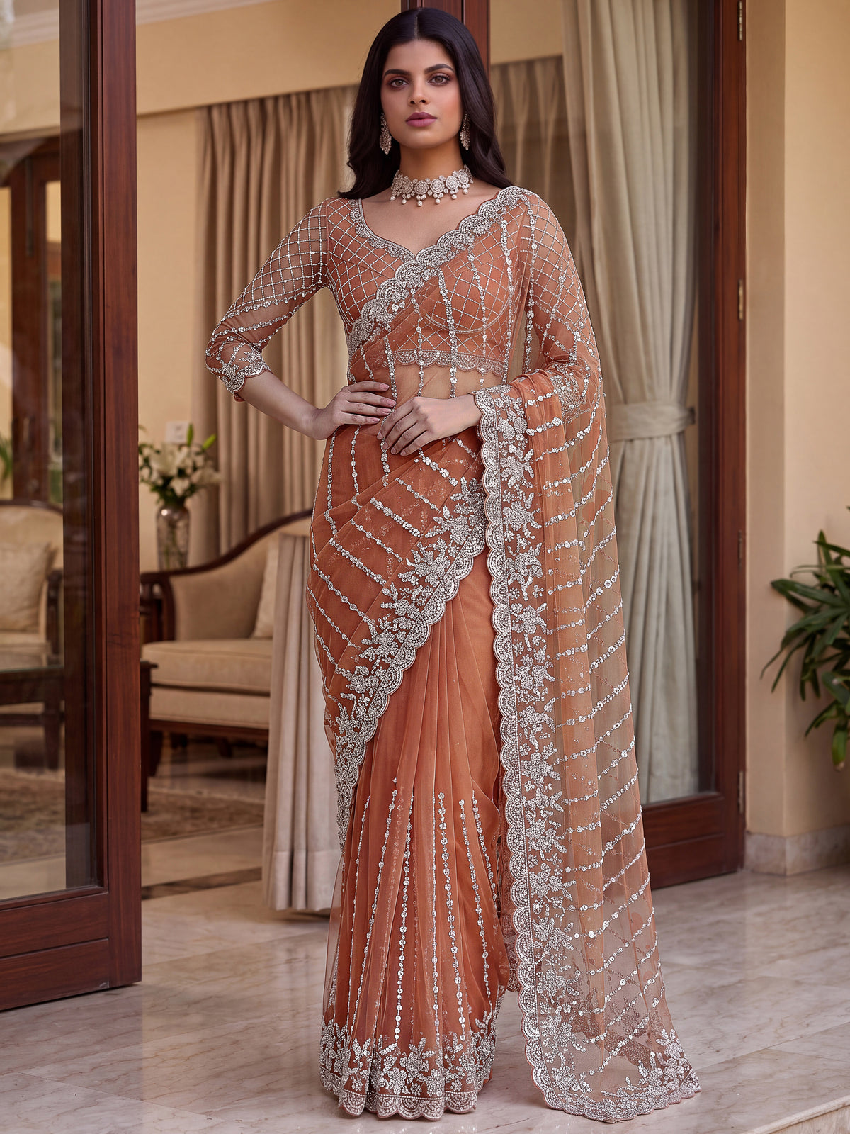 Marvelous Peach Sequins Net Traditional Saree With Blouse