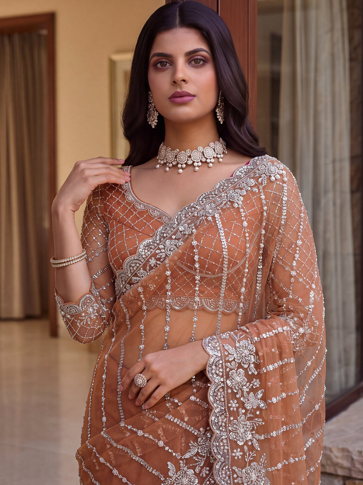 Marvelous Peach Sequins Net Traditional Saree With Blouse