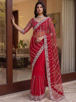 Noteworthy Red Bead Work Net Bridal Saree With Blouse