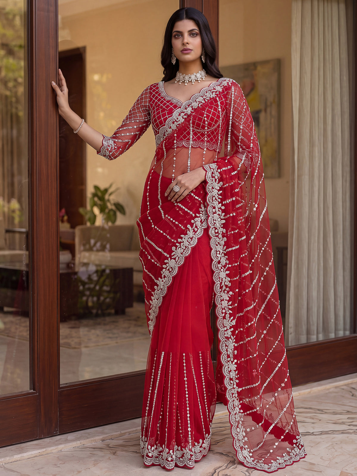 Noteworthy Red Bead Work Net Bridal Saree With Blouse
