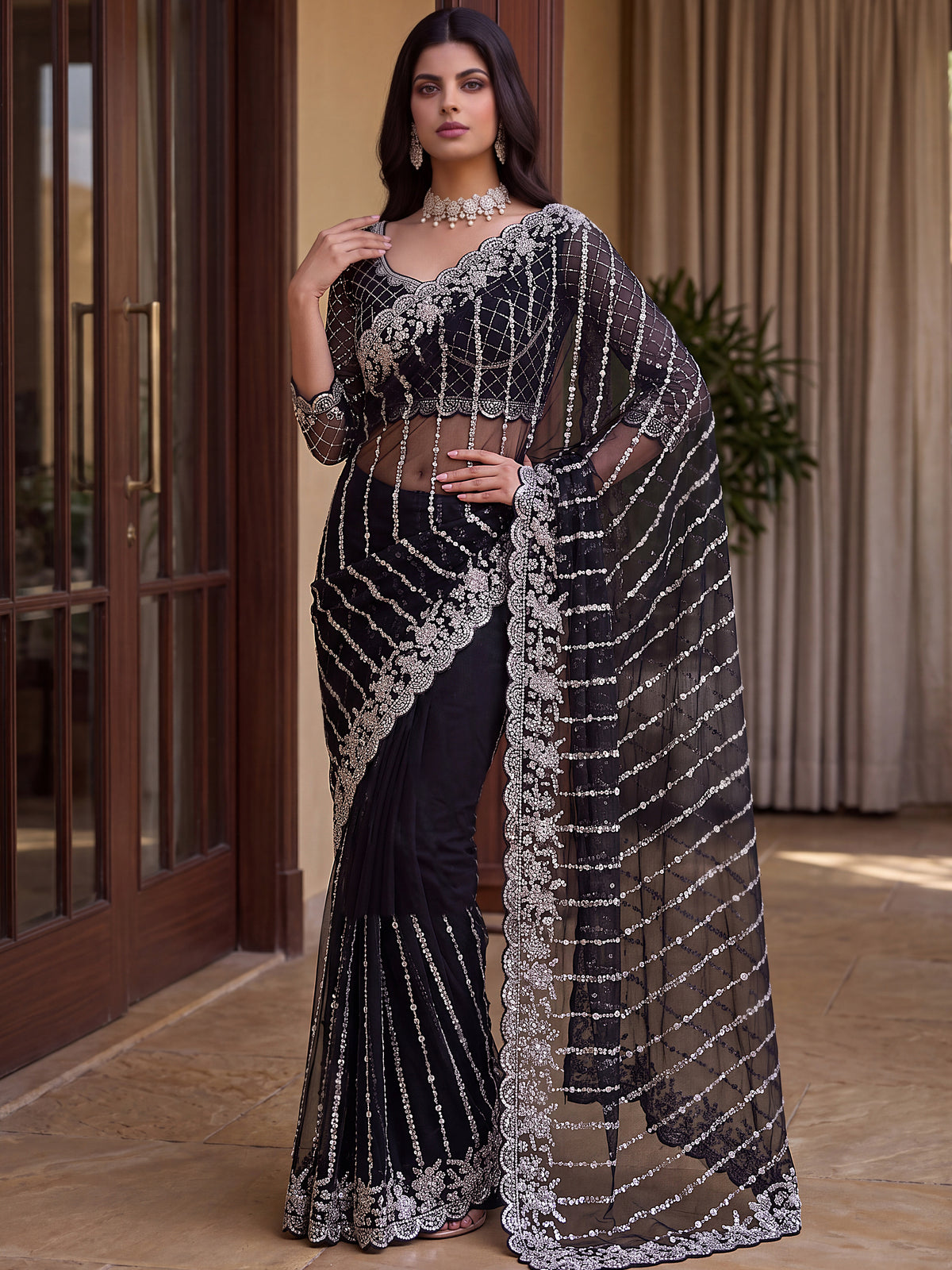 Breathtaking Black Bead Work Net Party Wear Saree With Blouse