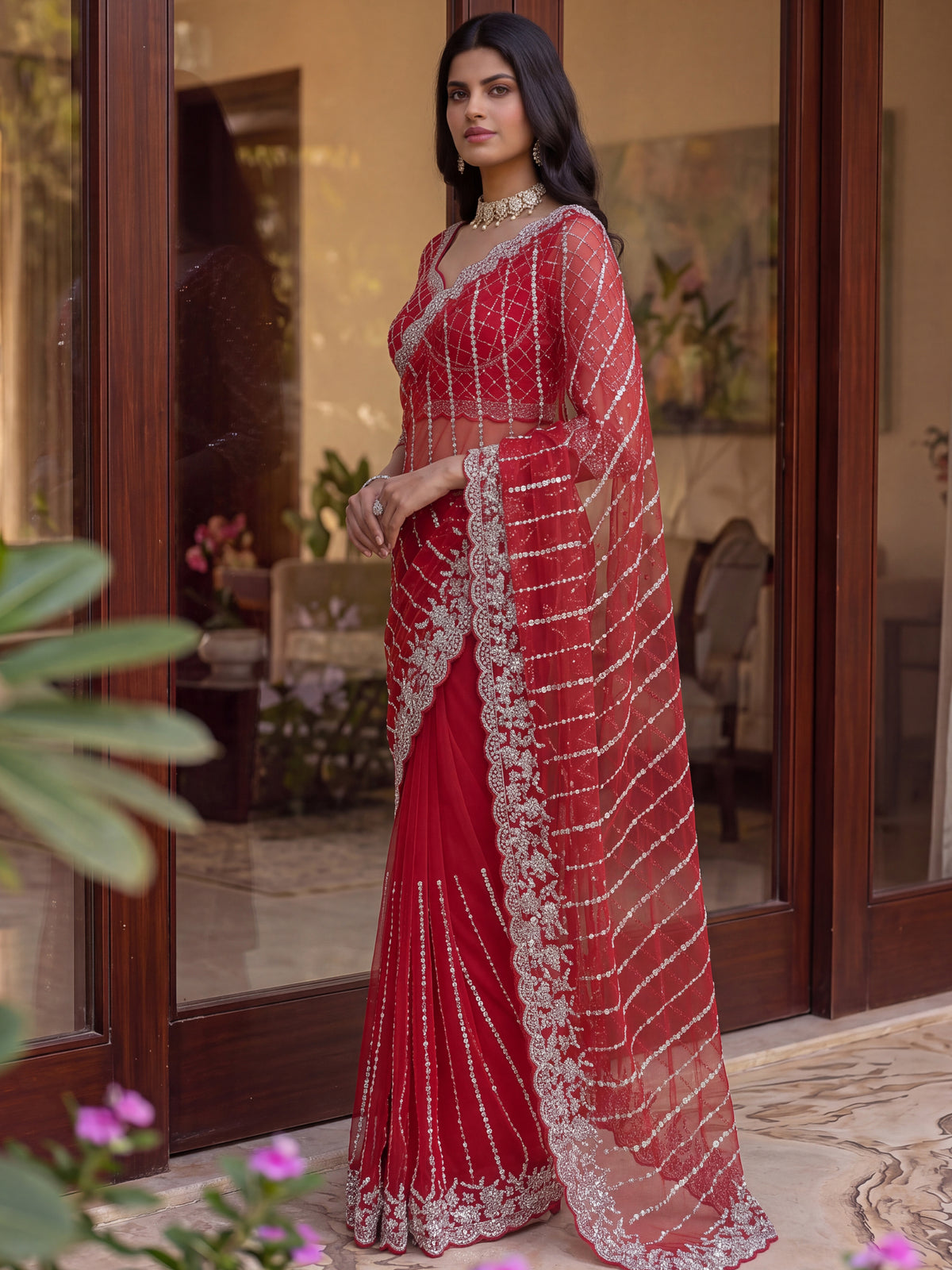 Noteworthy Red Bead Work Net Bridal Saree With Blouse
