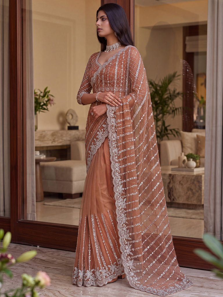 Marvelous Peach Sequins Net Traditional Saree With Blouse