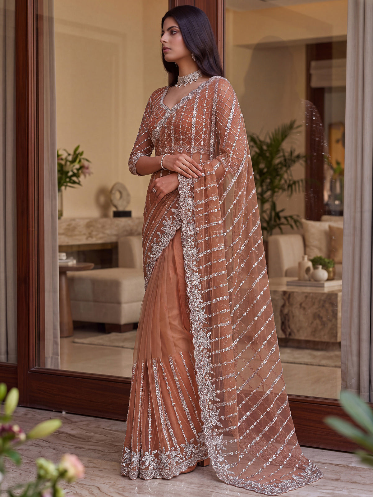 Marvelous Peach Sequins Net Traditional Saree With Blouse